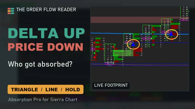 Thumbnail: Delta up, price down, absorption triangles on the footprint